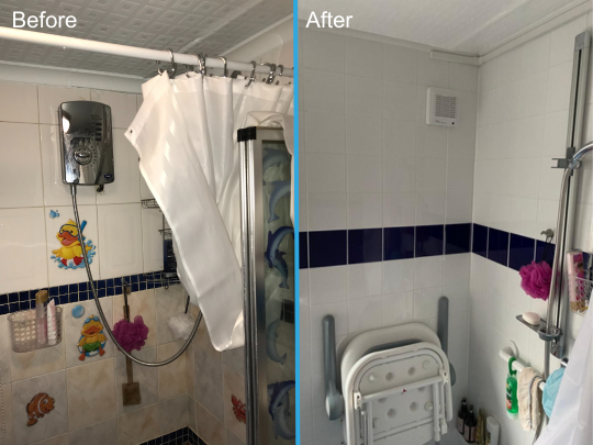 Picture shows a the before and after of a shower renovation